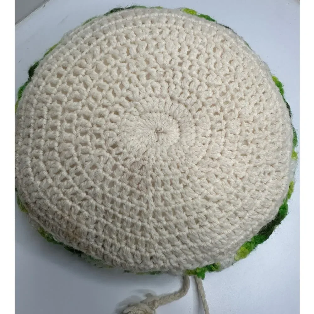 Vintage Handmade Round Flower Crochet Pillow Green White